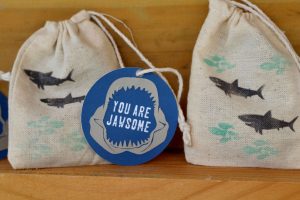 Everyday Party Magazine, Simple Shark Themed Favor Bags, Shark Week, Xyron, Stamper, DIY, Party Favor