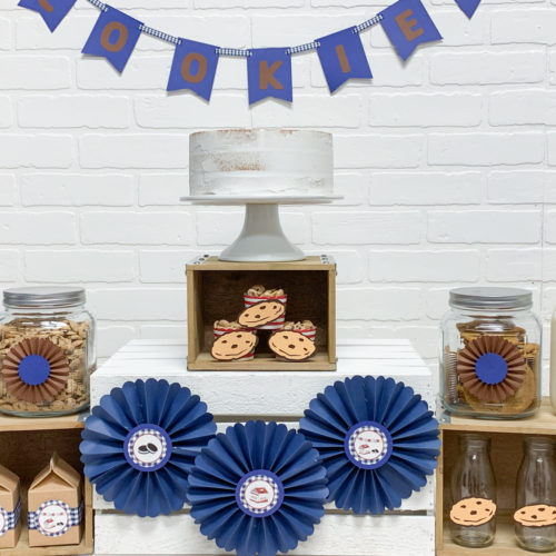 Party Table White Cake Cookies Paper Rosettes Blue Banner