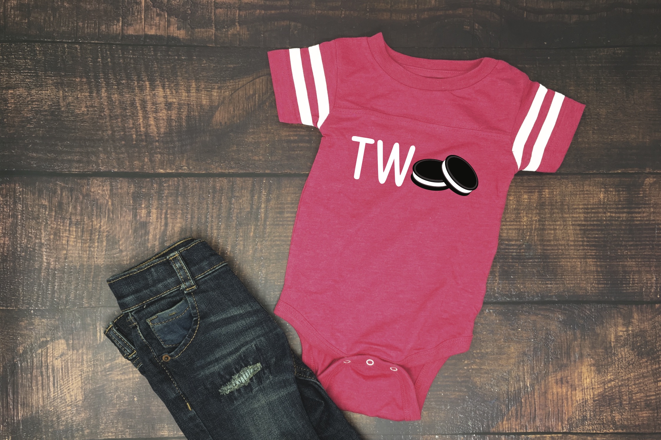 Red Toddler Two Cookie Onesie Blue Jeans
