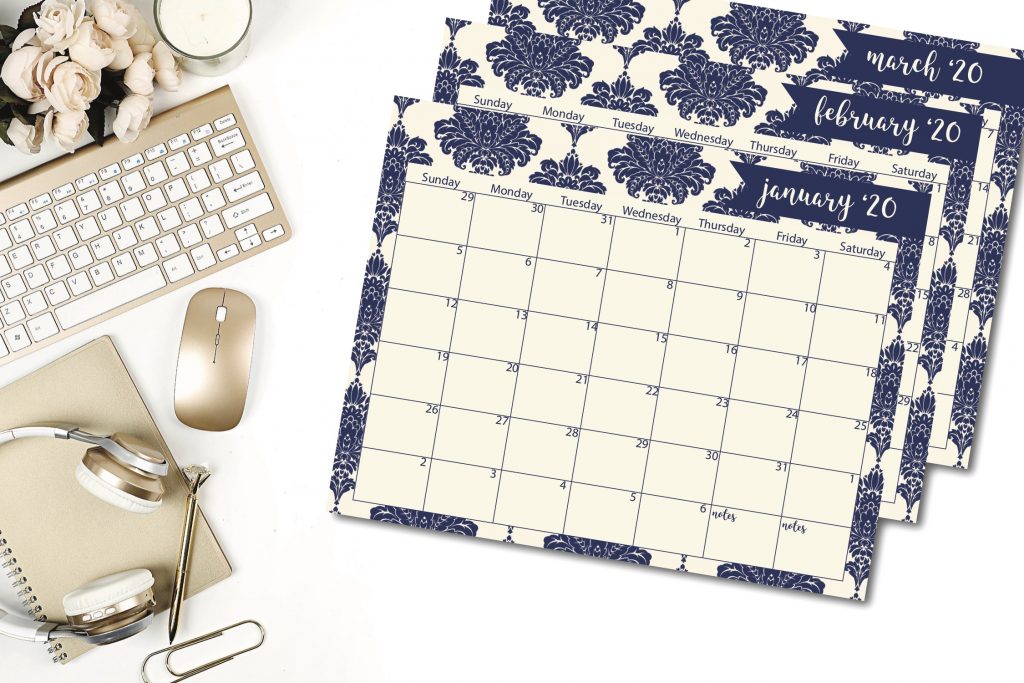 Blue Damask Calendar Gold Mouse Desktop