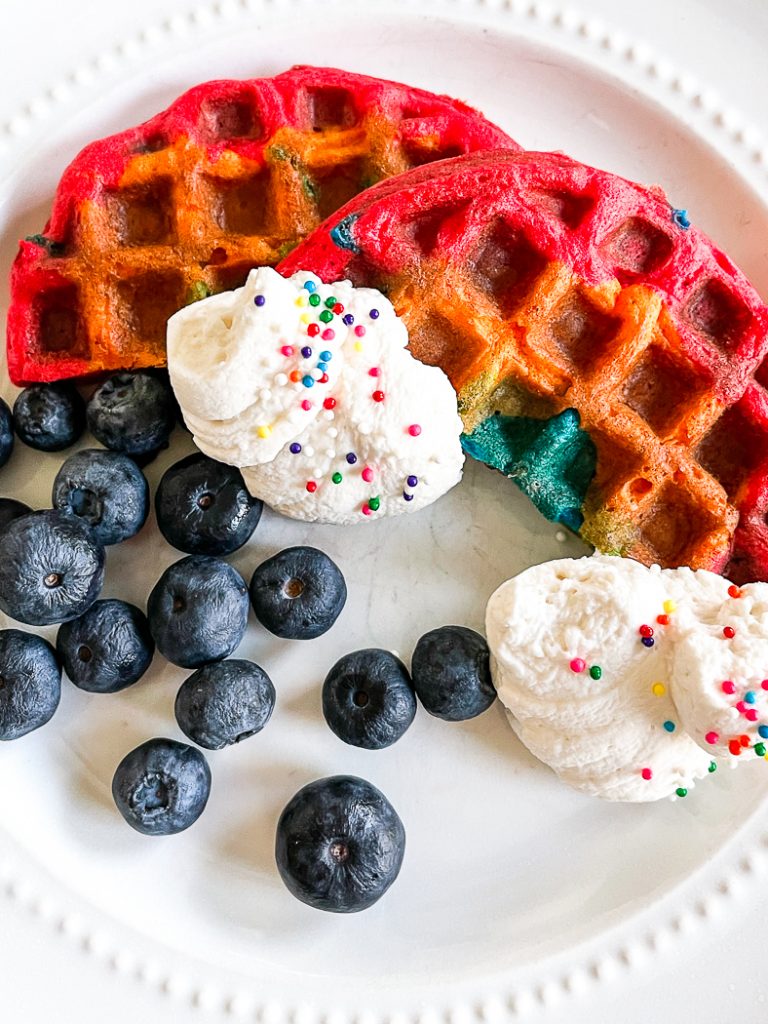 Rainbow Waffles Sprinkle Whipped Cream Fresh Blueberries