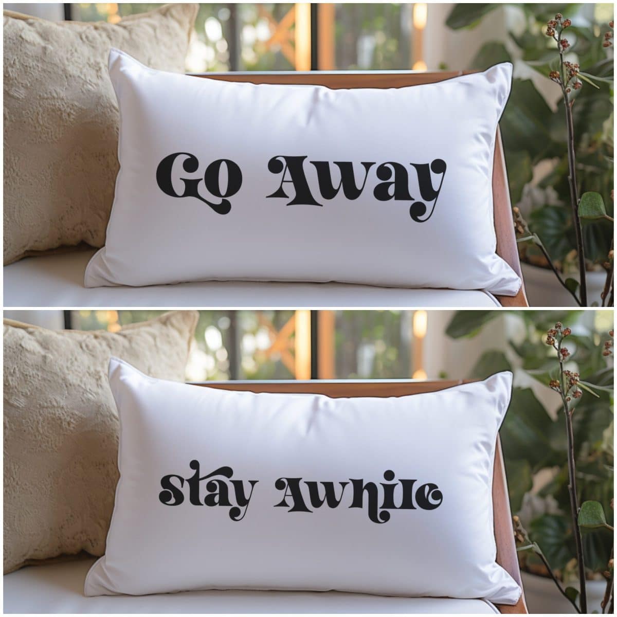 Go Away Stay Awhile Pillows by Mad in Crafts
